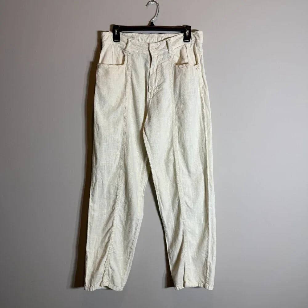 Zara Linen Straight Leg Pants Womens 31 Ivory Lagenlook Minimalist Beach Coastal